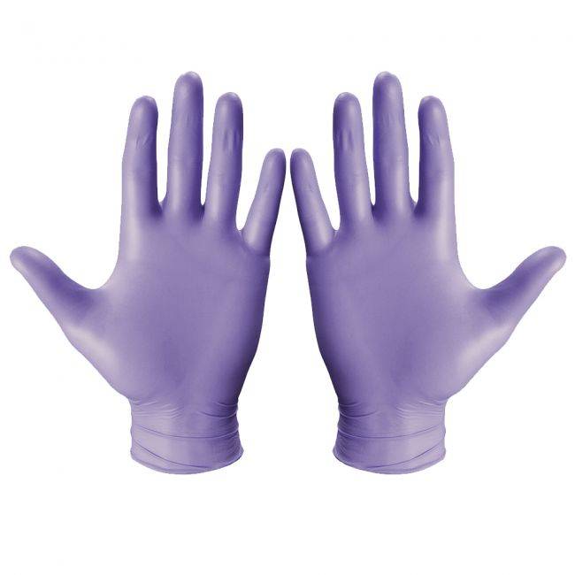 Lila Einmalhandschuhe Neotril Neopren Hybrid von medasi.shop, beidhändig tragbar und ideal für Labor- und Lebensmittelanwendungen.