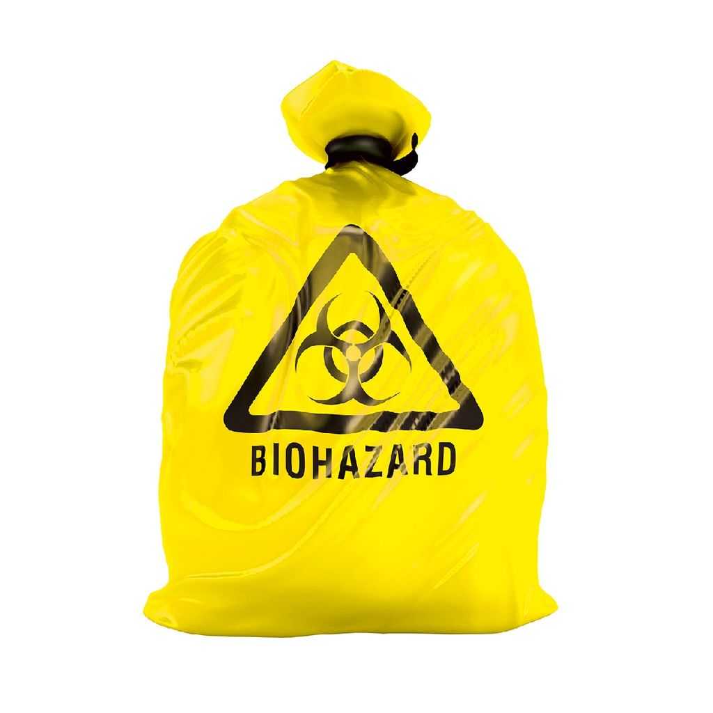 Gelber Biohazard 70l-Beutel mit Warnsymbol, ideal zur sicheren Entsorgung gemäß TRBA 250 im medizinischen Bereich.