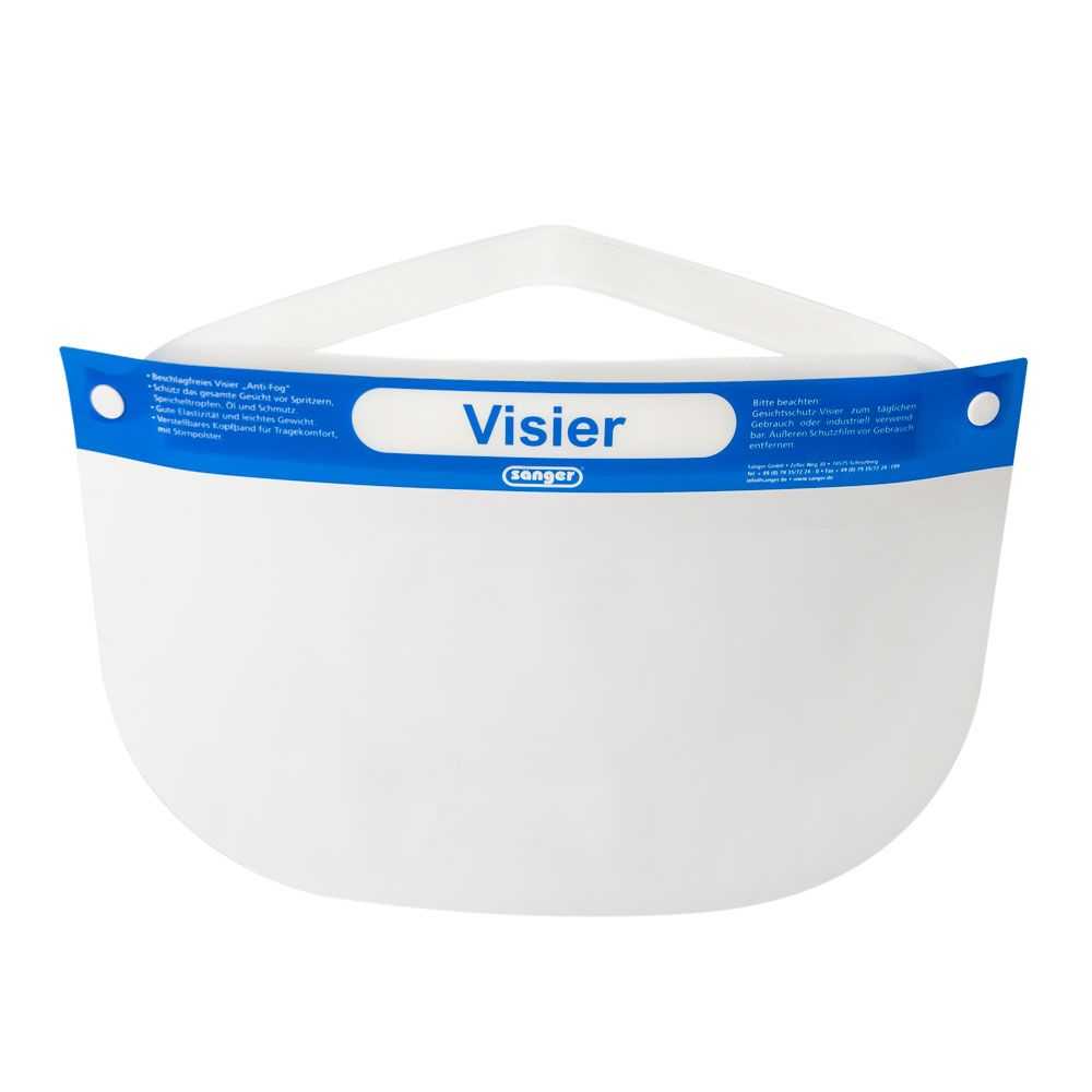 Transparentes Gesichtsschutzvisier Anti-Fog mit blauem Rahmen, CE-zertifiziert nach EN166:2001 für optimalen Sicht- und Tröpfchenschutz.