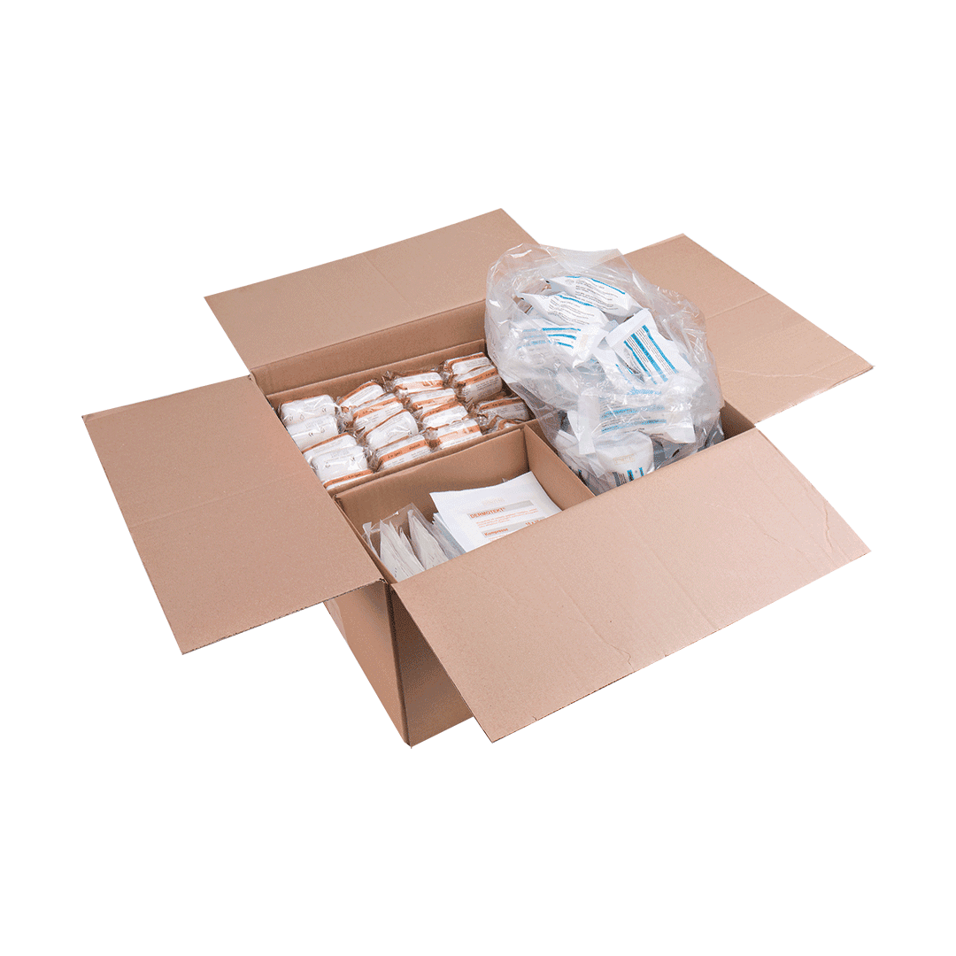 Übungsset EH für Rettungsdienste Sammelbox mit 400 Erste-Hilfe-Artikeln wie Verbandpäckchen, Kompressen und elastischen Pflastern.