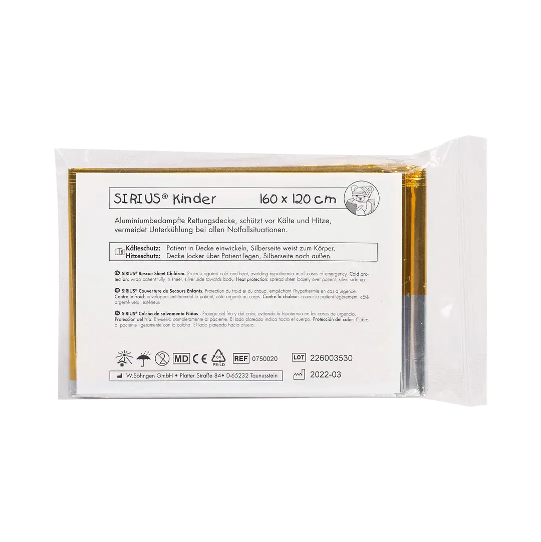 Kinder SIRIUS® Rettungsdecke silber-gold 160 x 120 cm in transparenter Verpackung, ideal für Erste Hilfe Sets im Gesundheitsbereich.