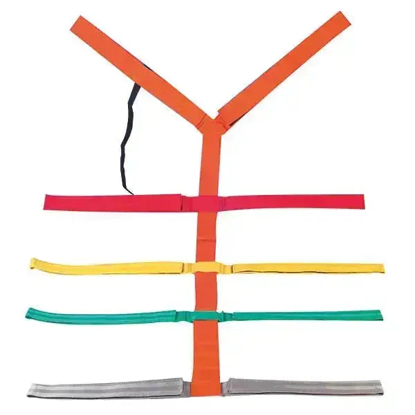 Farbcodiertes 10-Punkt Fixiersystem nach PHTLS-Richtlinie - Medasi.shop, vollständig ausgebreitet zur sicheren Patientenfixierung auf Rettungstragen.