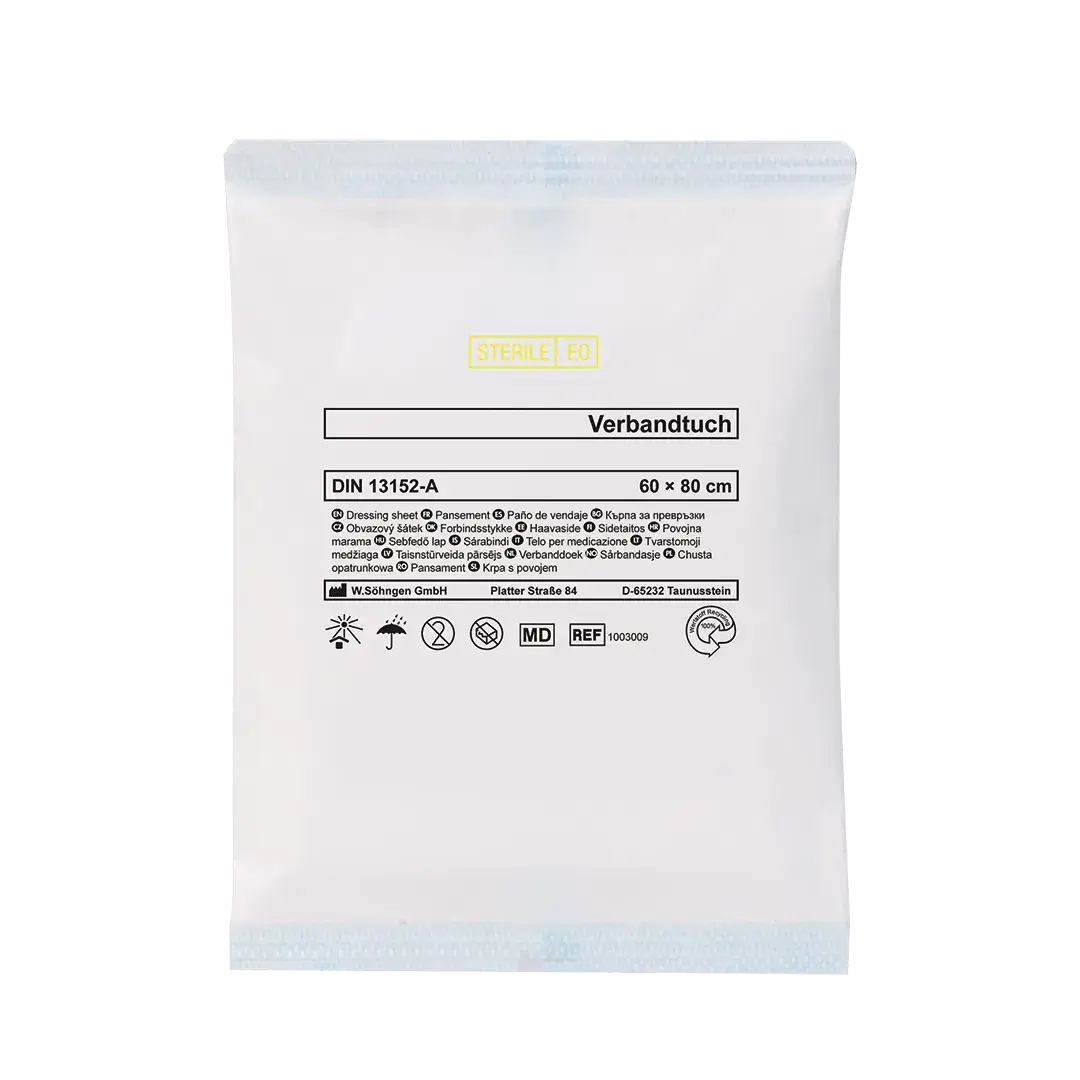 Verbandtuch DIN SO PP-Vlies 60 x 80 cm, saugfähig und steril verpackt nach DIN 13152-A, ideal für medizinische Notfallversorgung.