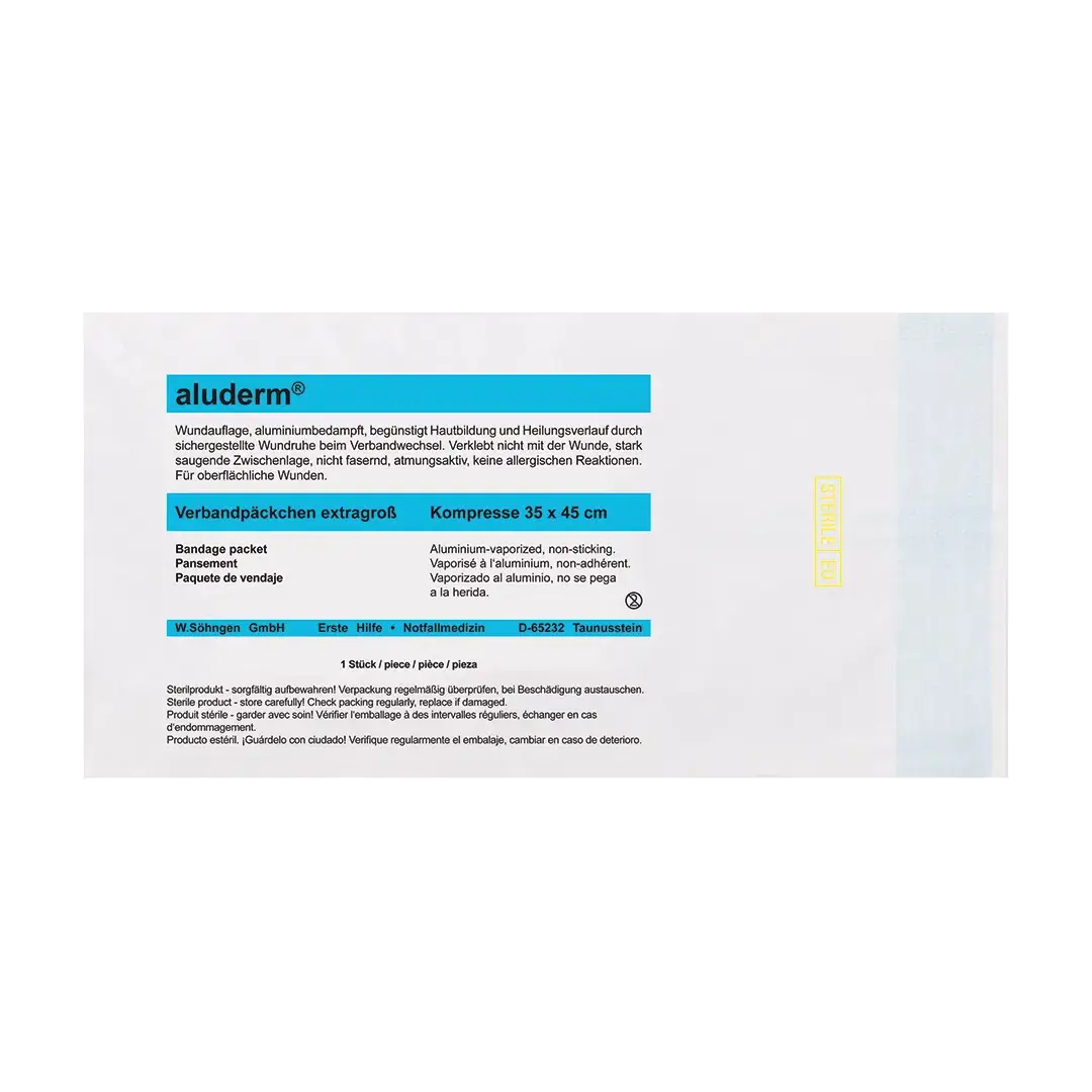 Effektives Erste-Hilfe-Bandage: aluderm® Verbandpäckchen extragroß mit 35 x 45 cm Kompresse, ideal für großflächige Verletzungen.