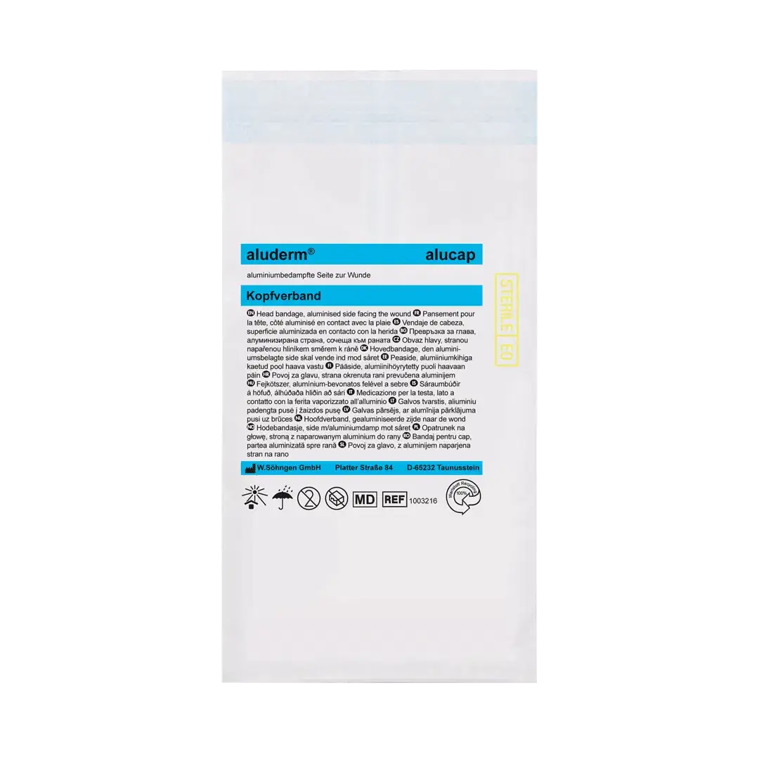 Verpackung des aluderm® alucap Kopfverbands von medasi.shop – hygienisch versiegelt, ideal für Erste Hilfe bei Kopfverletzungen.