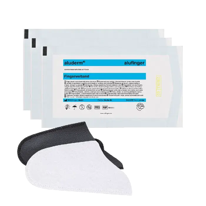 Mehrere aluderm® alufinger Stülpverbände in steriler Einzelverpackung, perfekt für den Einsatz in Erste Hilfe Sets.