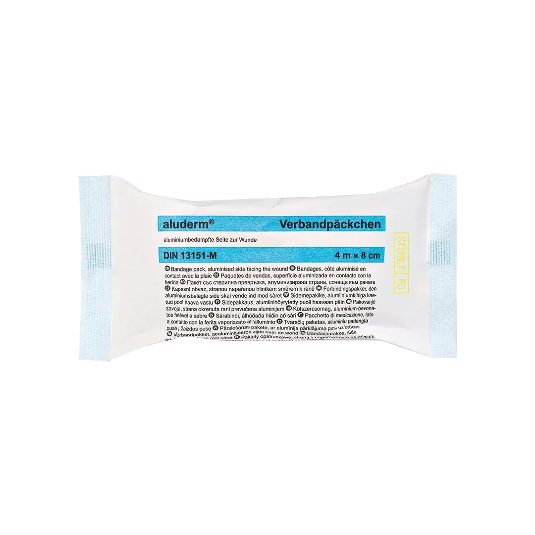 Effektives Erste-Hilfe-Bandage: aluderm® Verbandpäckchen 4 m x 8 cm, mit hautfreundlicher Aluminiumauflage für sichere Anwendung.
