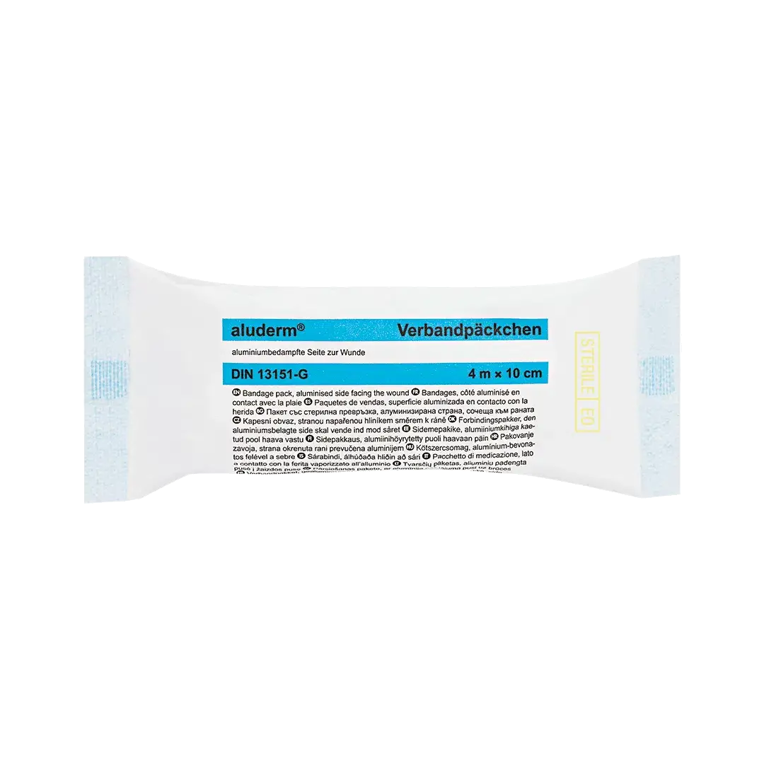 Effektives Erste-Hilfe-Bandage: aluderm® Verbandpäckchen 4 m x 10 cm, steril verpackt mit No-Touch-Wicklung für hygienische Erste Hilfe.