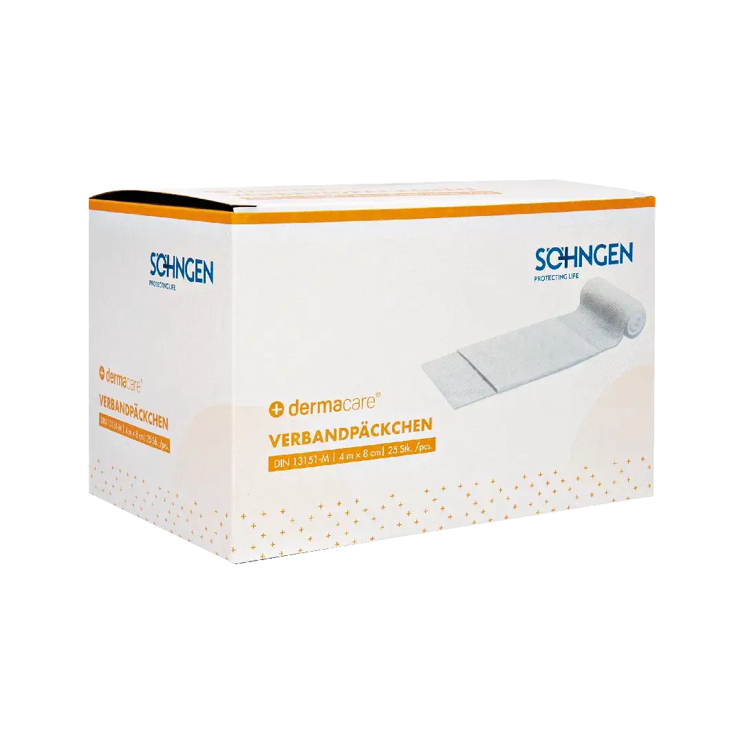 Schachtel mit DermaCare® Verbandpäckchen DIN, sterile Kompressen mit elastischer Fixierbinde, geeignet für Erste-Hilfe und Wundversorgung.
