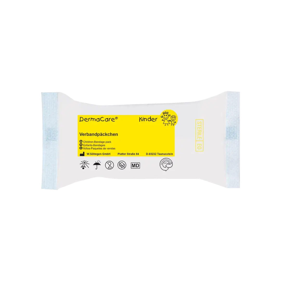 DermaCare® Kinder Verbandpäckchen, medizinischer Verbandstoff für Kinder, geeignet für die Erste Hilfe bei kleinen Verletzungen.