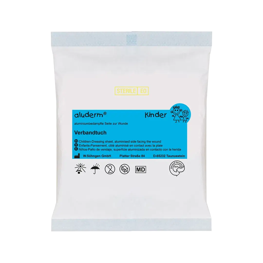 aluderm® Kinder Verbandtuch 25 x 30 cm in steriler Einzelverpackung, speziell für empfindliche Kinderhaut, aluderm®-Qualitätsverbandstoffe.