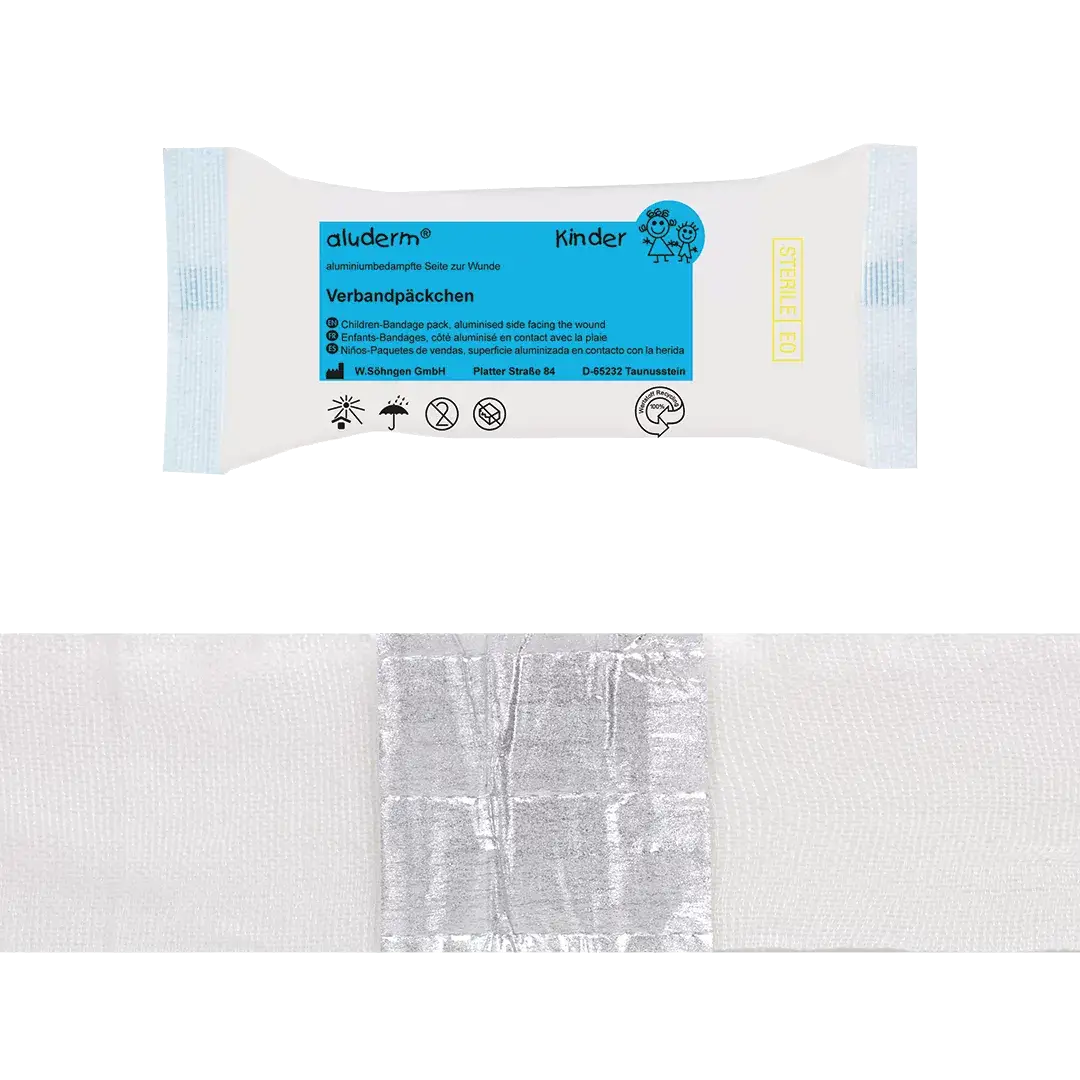 aluderm® Kinder Verbandpäckchen klein für Wunden und Verletzungen, mit hautfreundlicher, aluminiumbedampfter Wundauflage.