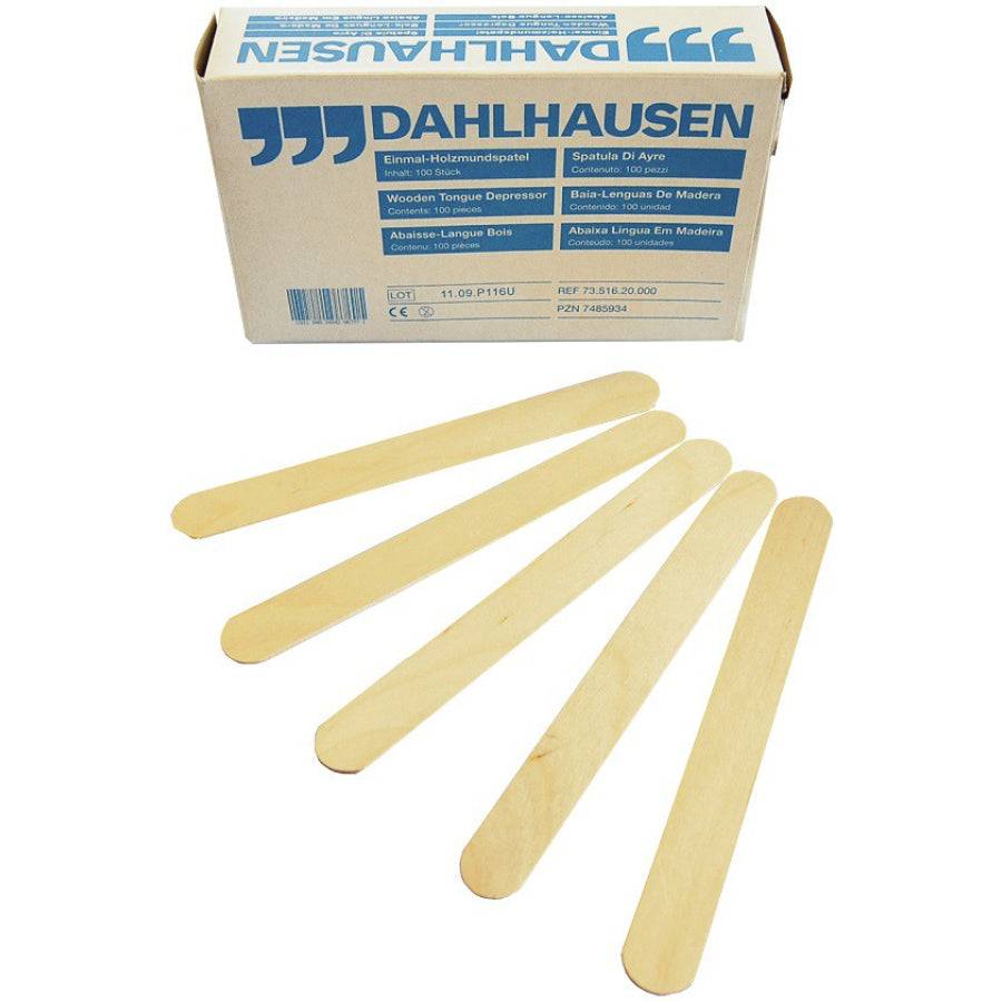 Holzmundspatel Dahlhausen Auslaufartikel | 100 Stück, polierte Einwegspatel aus Birkenholz, 15 cm lang, ideal für Diagnostik und medizinische Nutzung.