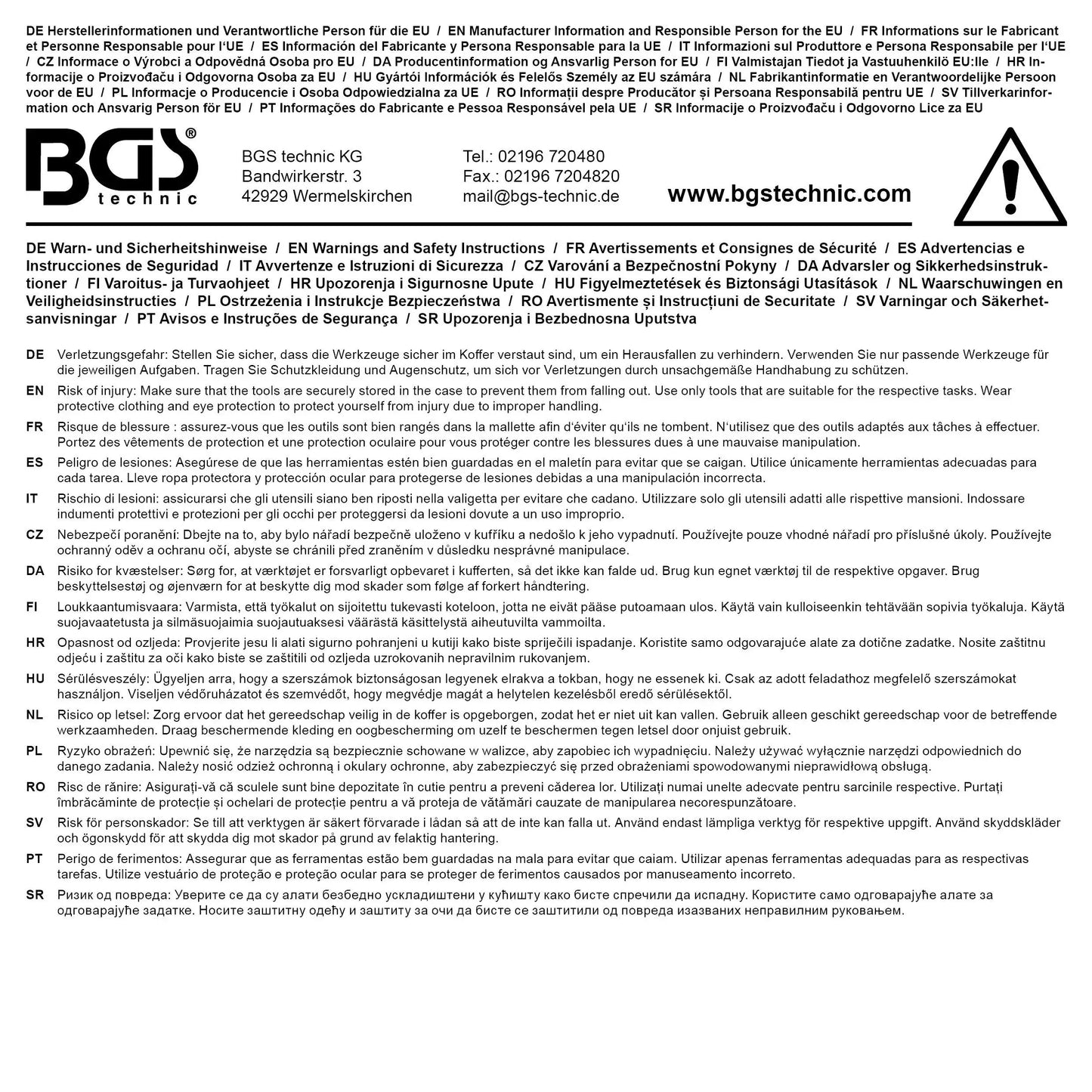 Produktinformation und Herstellerangaben zum Universal-Werkzeugkoffer 85-tlg. 11510 by medasi.shop in mehreren Sprachen auf Rückseite der Verpackung.
