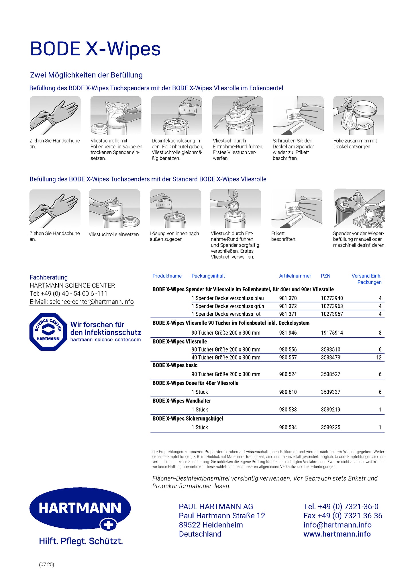 Anleitung zur Befüllung des BODE X-Wipes Spenders – Schritt-für-Schritt-Erklärung für die Nutzung mit Vliesrollen und Folienbeuteln.