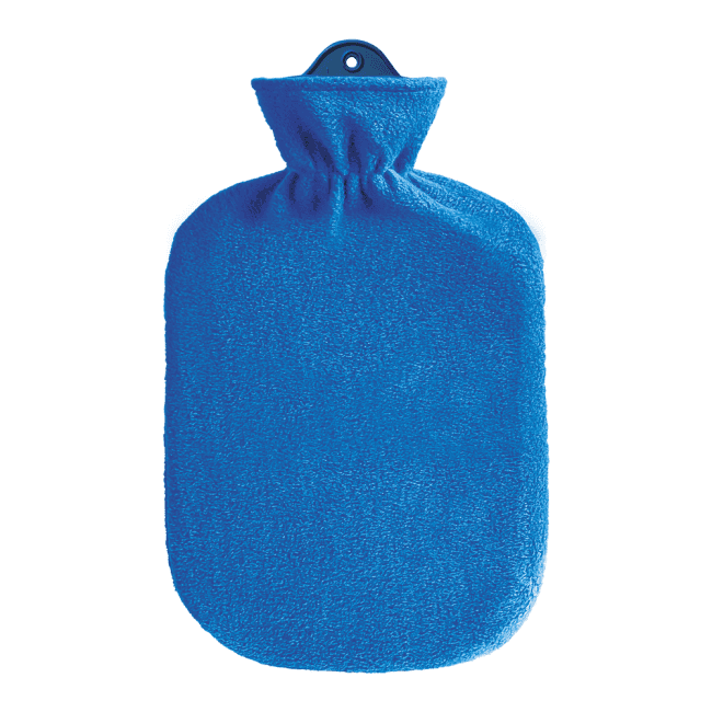 Blaue Wärmflasche 2,0 Liter mit weichem Plüschbezug, ideal für die Linderung von Schmerzen und zur Entspannung.