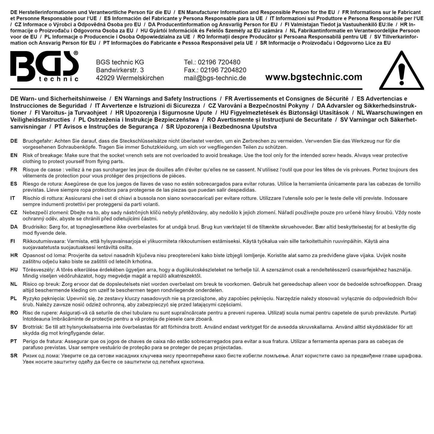 BGS Technik Bedienungsanleitung und Sicherheitshinweise für Steckschlüssel-Satz 20-tlg. Antrieb 20 mm (3/4), mehrsprachig auf Rückseite der Verpackung.
