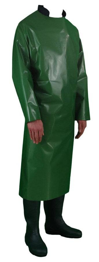 Vorderansicht der grünen Ärmelschürze für Pflanzenschutz mit langen Ärmeln. Leicht abwaschbar und ideal für den professionellen Einsatz.