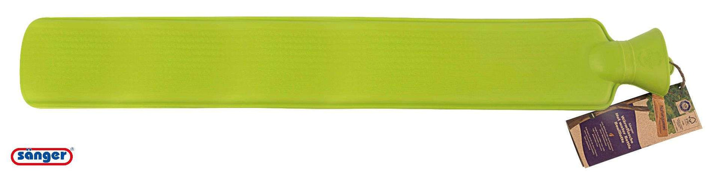 Naturgummi Wärmflasche - FSC-zertifiziert von LONGI in länglicher Form, aus grünem Naturlatex mit TÜV-Siegel, ideal für gezielte Wärmetherapie.