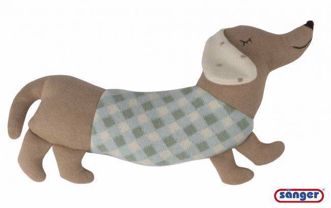 Beiger Plüschdackel mit grünem Karomuster und Kirschkernfüllung von medasi.shop – wärmendes Kuscheltier für Kinder.
