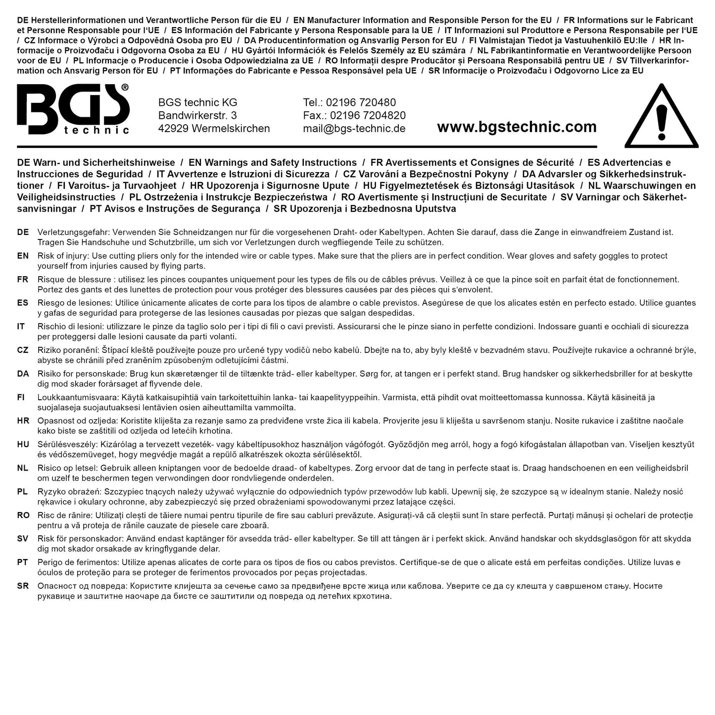 Verpackungsrückseite des Bolzenschneider Mini 200 mm mit Herstellerinformationen und Sicherheitshinweisen in mehreren Sprachen für den professionellen Einsatz.