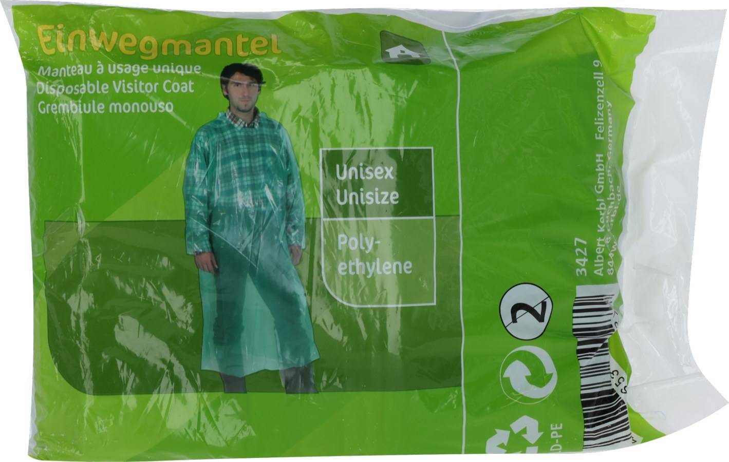 Verpackung des Einwegmantels PE mit langen Ärmeln 20 St by Medasi.shop, grün, aus Polyethylen, unisex und in Einheitsgröße.