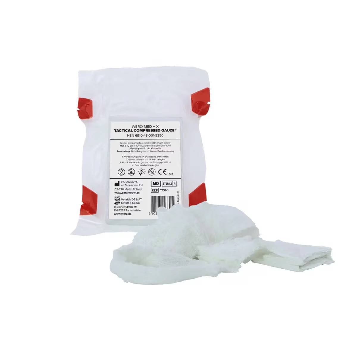 WERO MED-X Tactical Compressed Gauze – kompakte Notfall-Gaze steril vakuumverpackt mit entfalteter Gaze für starke Blutungen im Erste-Hilfe-Bereich.