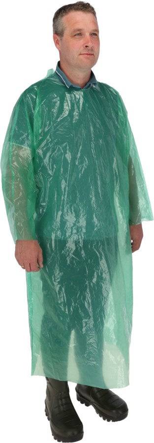 Einwegmantel PE mit langen Ärmeln 20 St by Medasi.shop, grün, getragen von einer Person, ideal für Schutzkleidung in medizinischen und industriellen Bereichen.