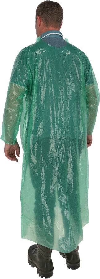 Rückansicht des Einwegmantels PE mit langen Ärmeln 20 St by Medasi.shop, grün, getragen von einer Person, geeignet für hygienische Anwendungen.
