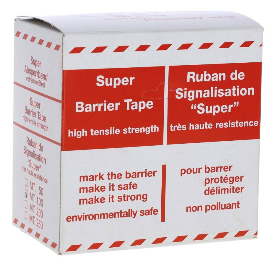 Verpackung des Absperrbandes rot weiß mit Produktinformationen, robuste LDPE-Abrollbox für einfache Handhabung auf Baustellen.