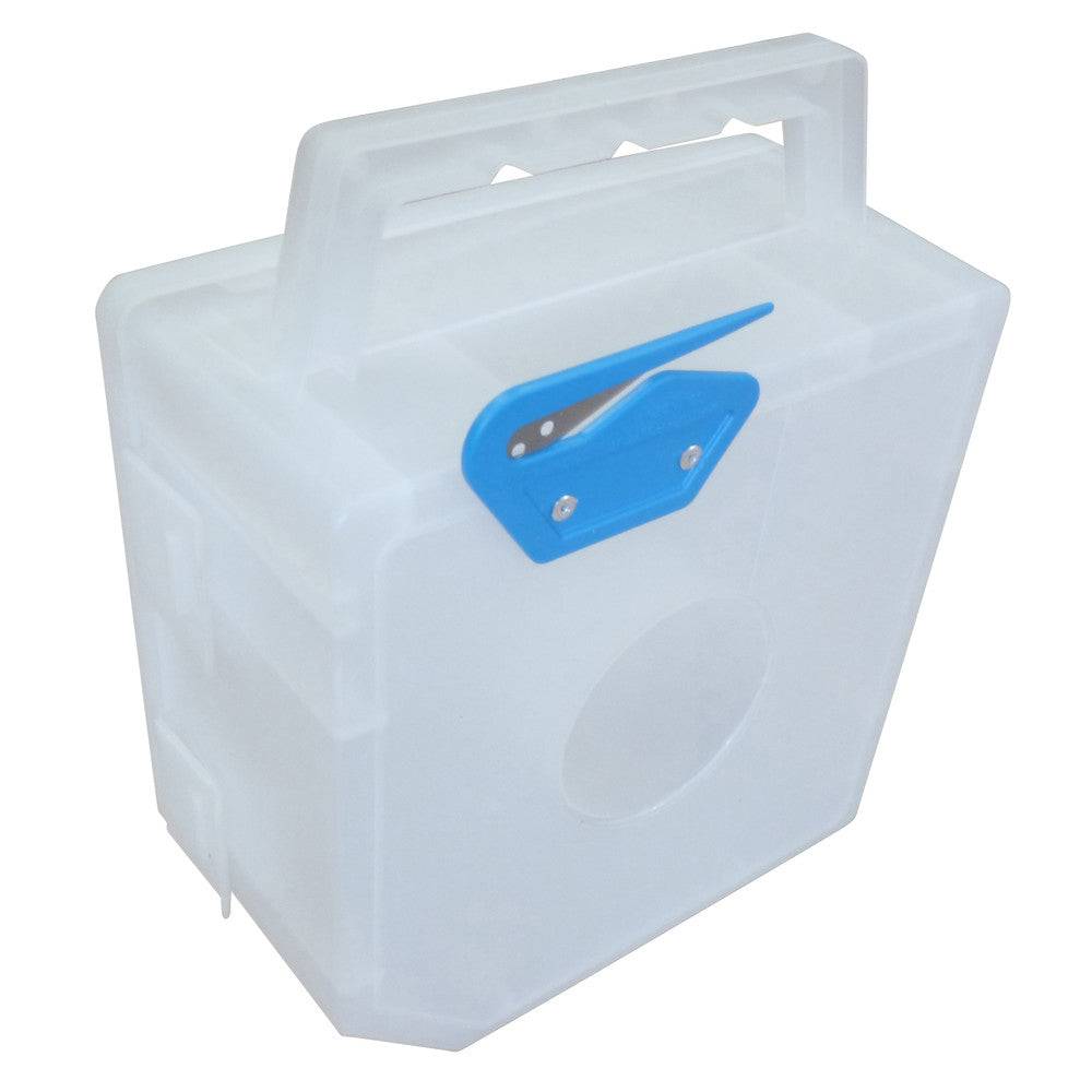 Rückseite der Abrollbox Absperrband PE mit integrierter Abschneidevorrichtung, ermöglicht präzises Abtrennen von Absperrbändern vor Ort.