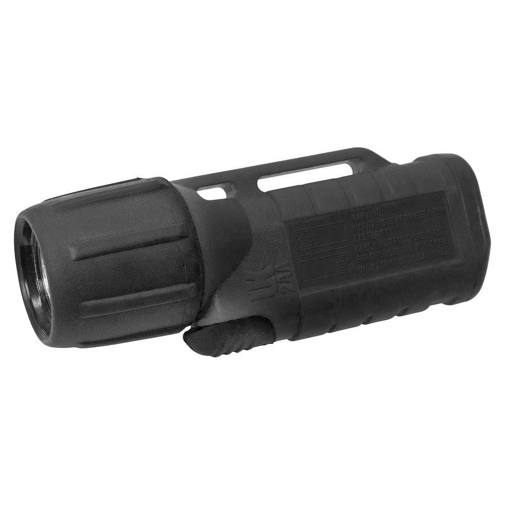 Schwarze Version der Helmlampe UK 2AA eLED – widerstandsfähige Handleuchte für Feuerwehrhelme, ergänzt die Adalit Handleuchte L-3000 optimal.