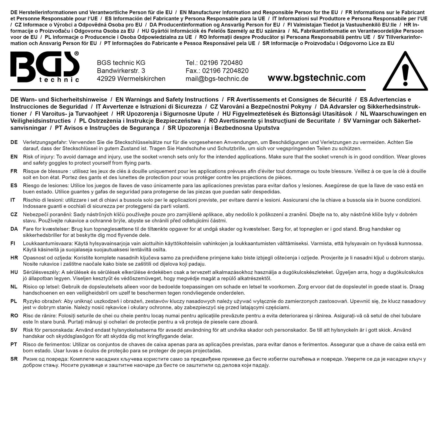 Rückseite der Verpackung des 214-tlg. Steckschlüssel-Satzes mit technischen Details und Sicherheitshinweisen für professionelle Anwendungen.