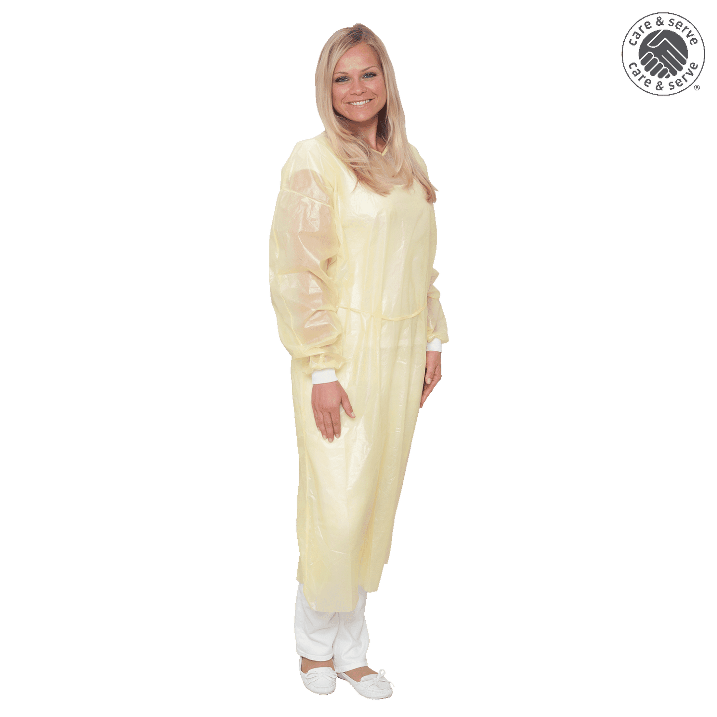 Gelber Vlies-Kittel premium plus care & serve® EN 14126 mit vollständigem Körperschutz, zertifiziert für den medizinischen Einweggebrauch.