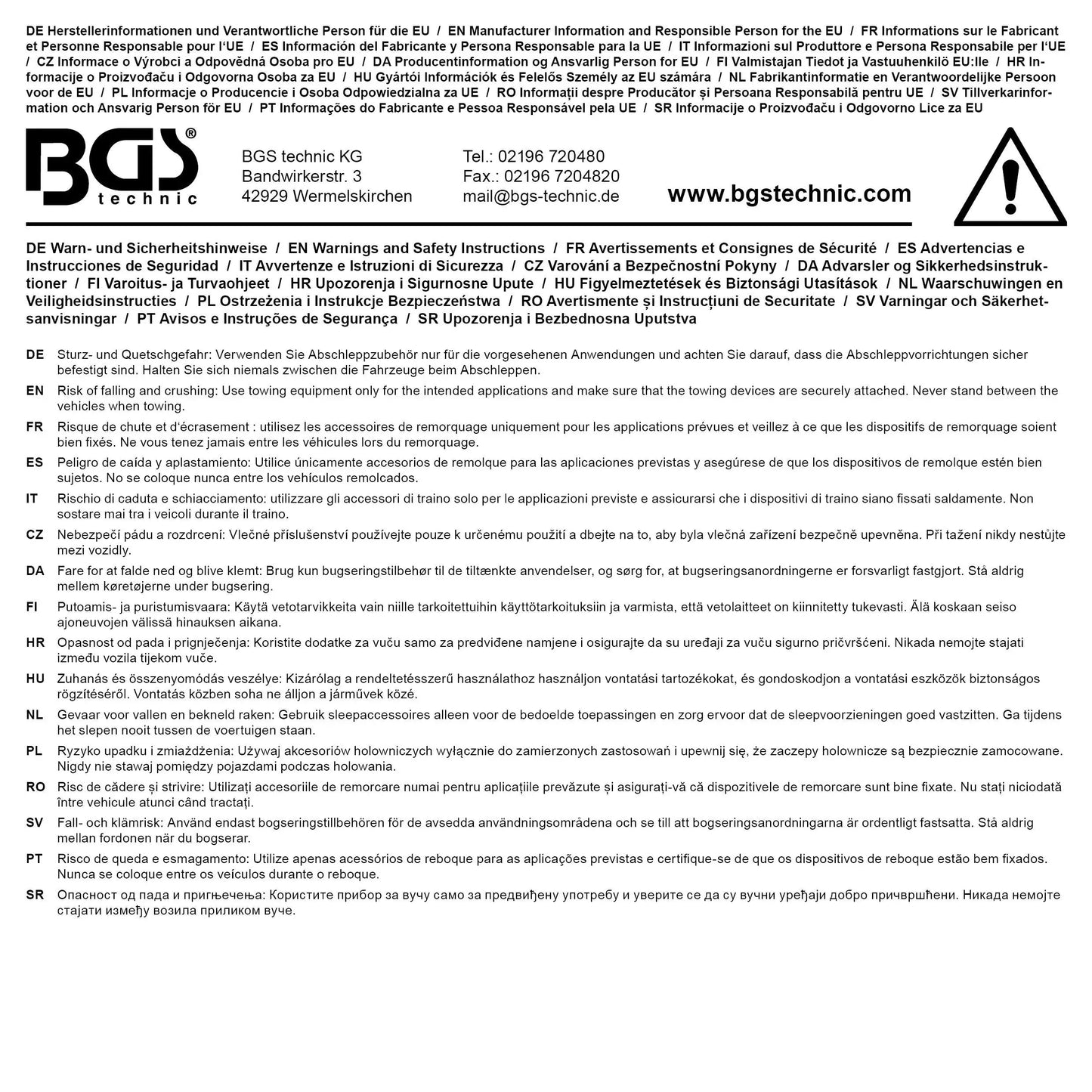 Herstellerinformationen der BGS Abschleppstange 2000 kg – 1,8 m, 3-teilig, verzinkt, mit Sicherheitshinweisen in mehreren Sprachen.