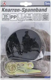 Verpackung des Knarren-Spannbands BGS 5 m x 25 mm mit Produktdetails und Norm EN 12195-2:2000 für professionelle Ladungssicherung.