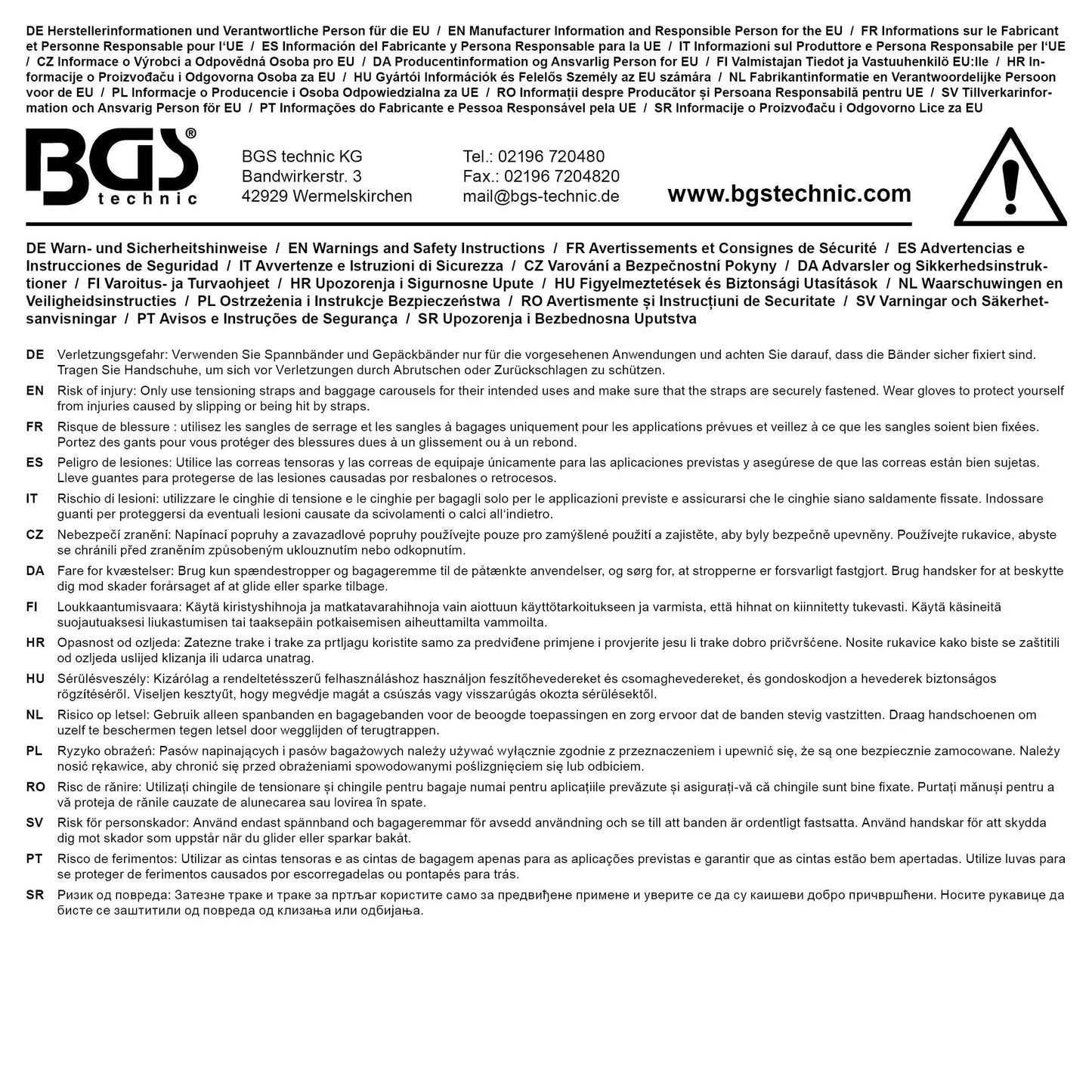 Rückseite der Verpackung des Spannbands mit Schnellverschluss 3,5 m x 25 mm, inklusive Herstellerinformationen und Sicherheitshinweisen.