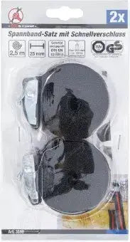Verpackter Spannband-Satz mit Schnellverschluss 2,5 m x 25 mm 2-tlg. im Blister, geeignet für sichere Güterbefestigung im Fahrzeug.
