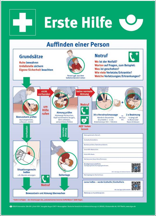 Anleitung zur Ersten Hilfe – Grünes Schild gemäß DGUV 204-006 mit klaren Schritten zur Notfallversorgung. Ideal für Arbeitsplätze und öffentliche Räume.