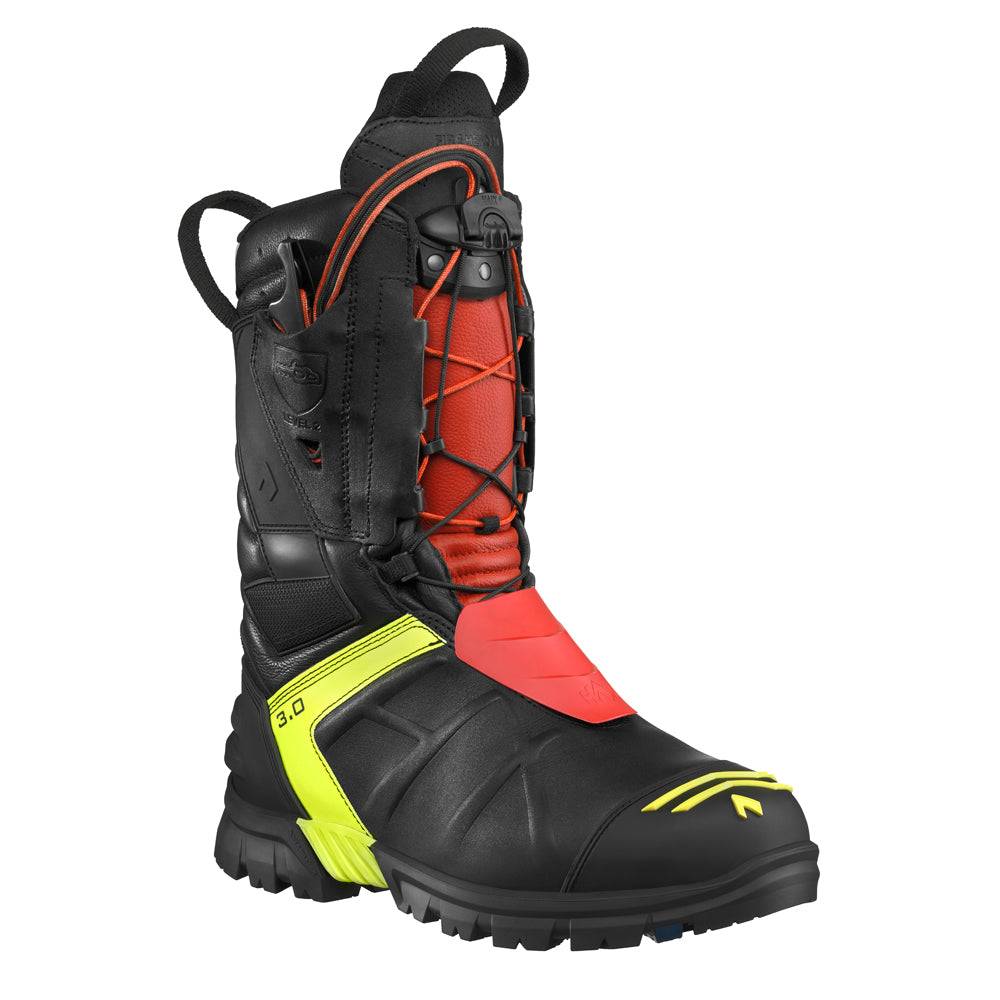 HAIX Fire Hero 3.0 Feuerwehrstiefel mit Schnittschutz Klasse 2 in Schwarz mit roten und gelben Elementen, ideal für den professionellen Feuerwehreinsatz