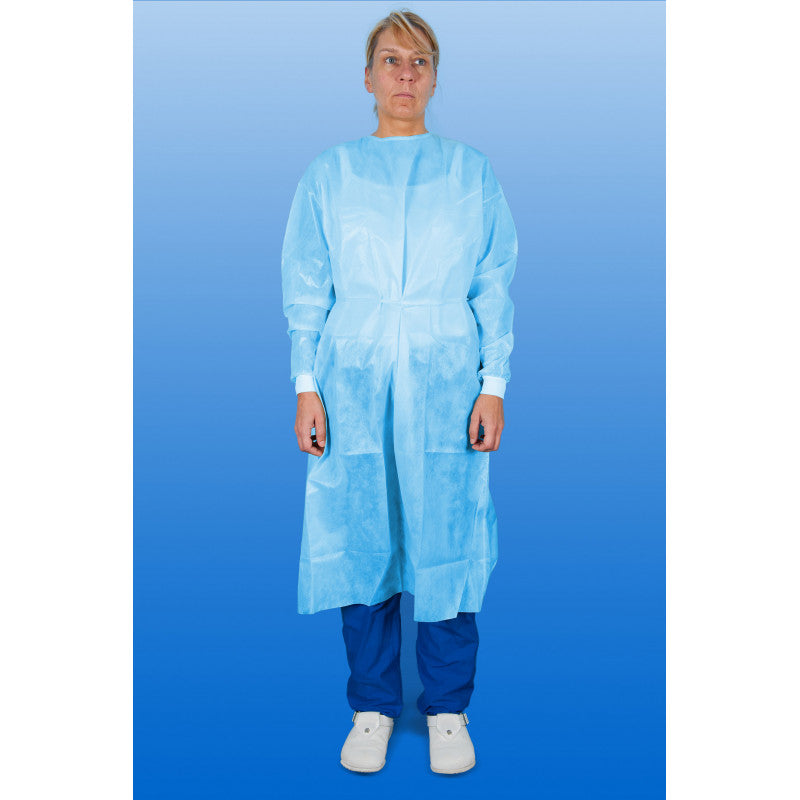 Noba Untersuchungskittel für Infektionsschutz nach EN ISO 14126 in Blau, flüssigkeitsdicht und ideal für medizinische Einweg-Bekleidung geeignet.