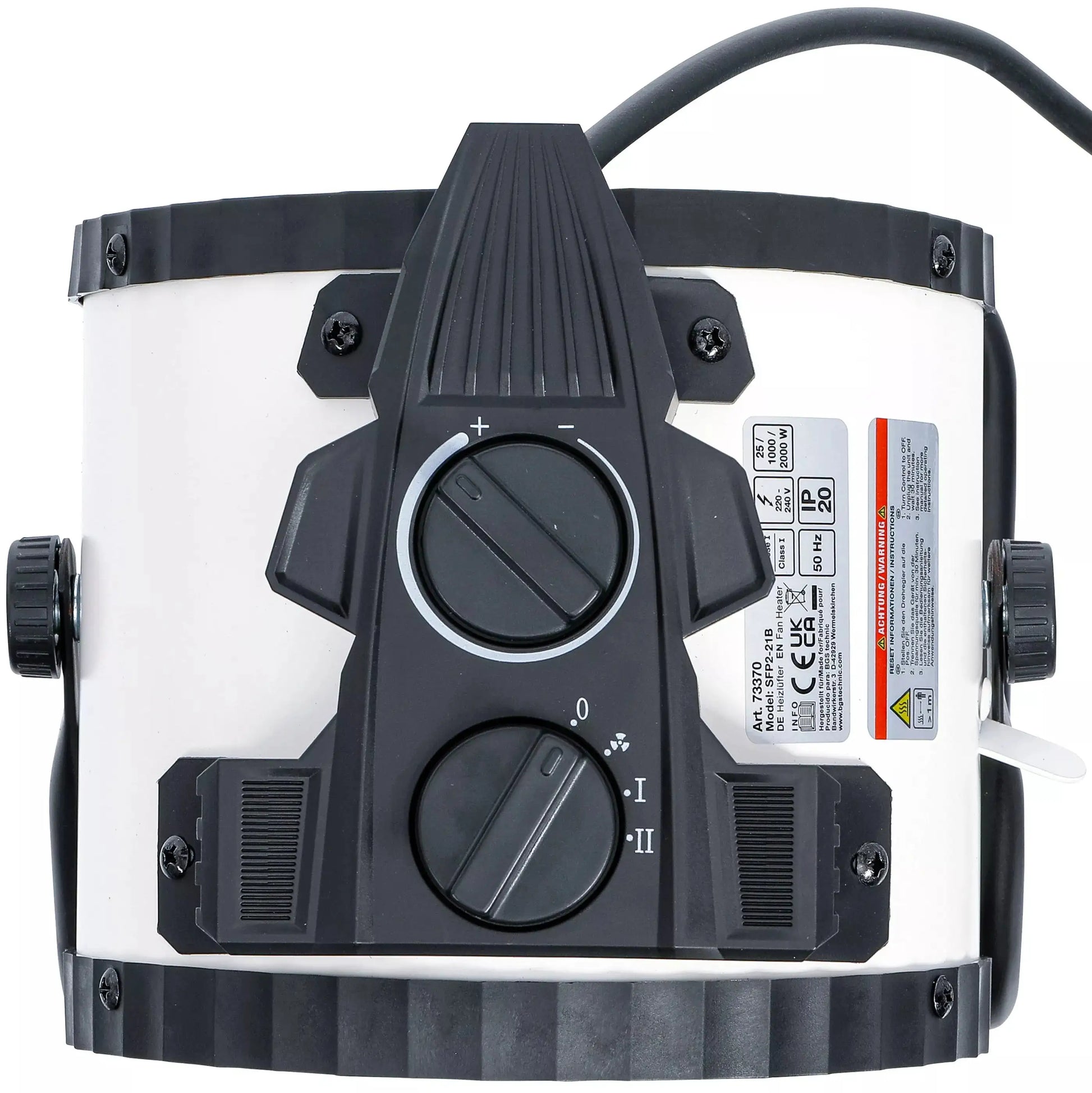 Bedienfeld des Heizlüfters elektrisch 2 kW BGS mit Temperatur- und Leistungsregler. Mit Überhitzungsschutz ausgestattet.