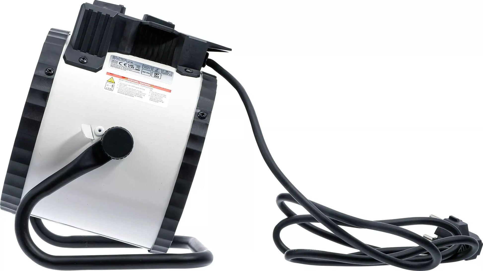 Seitenansicht des Heizlüfters elektrisch 2 kW BGS mit stabilem Standfuß und langem Stromkabel für flexible Nutzung.