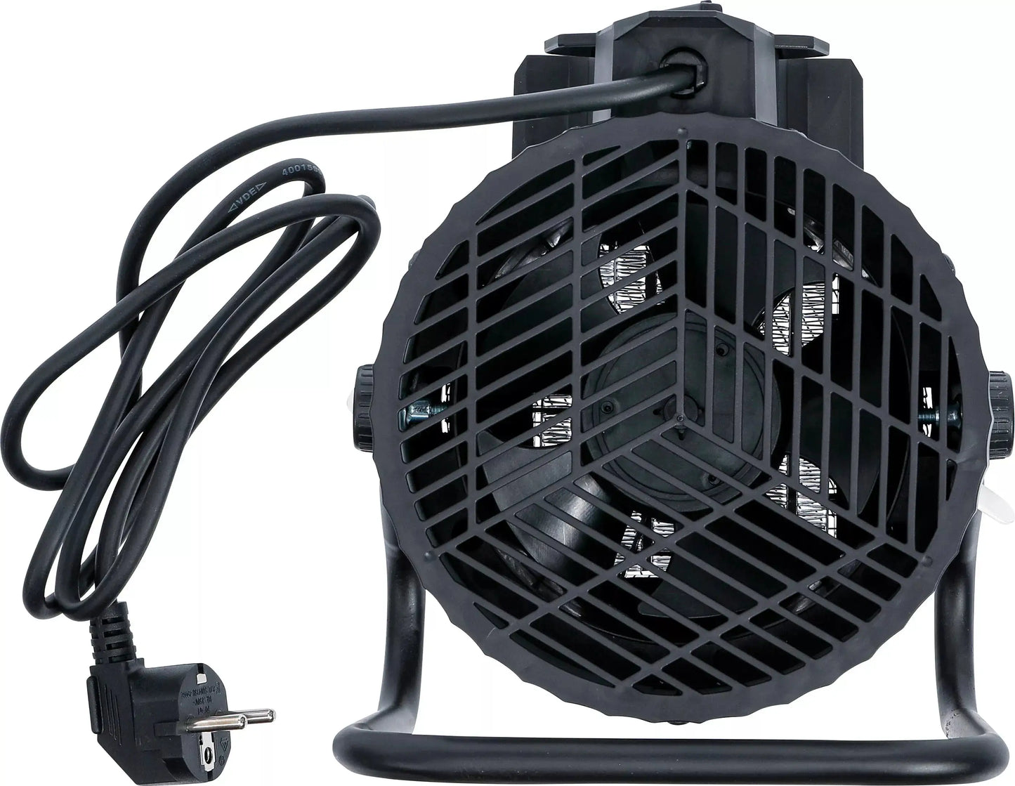 Rückseite des Heizlüfters elektrisch 2 kW BGS mit Lüftergitter und Netzkabel. Ideal für Garage oder Werkstatt.