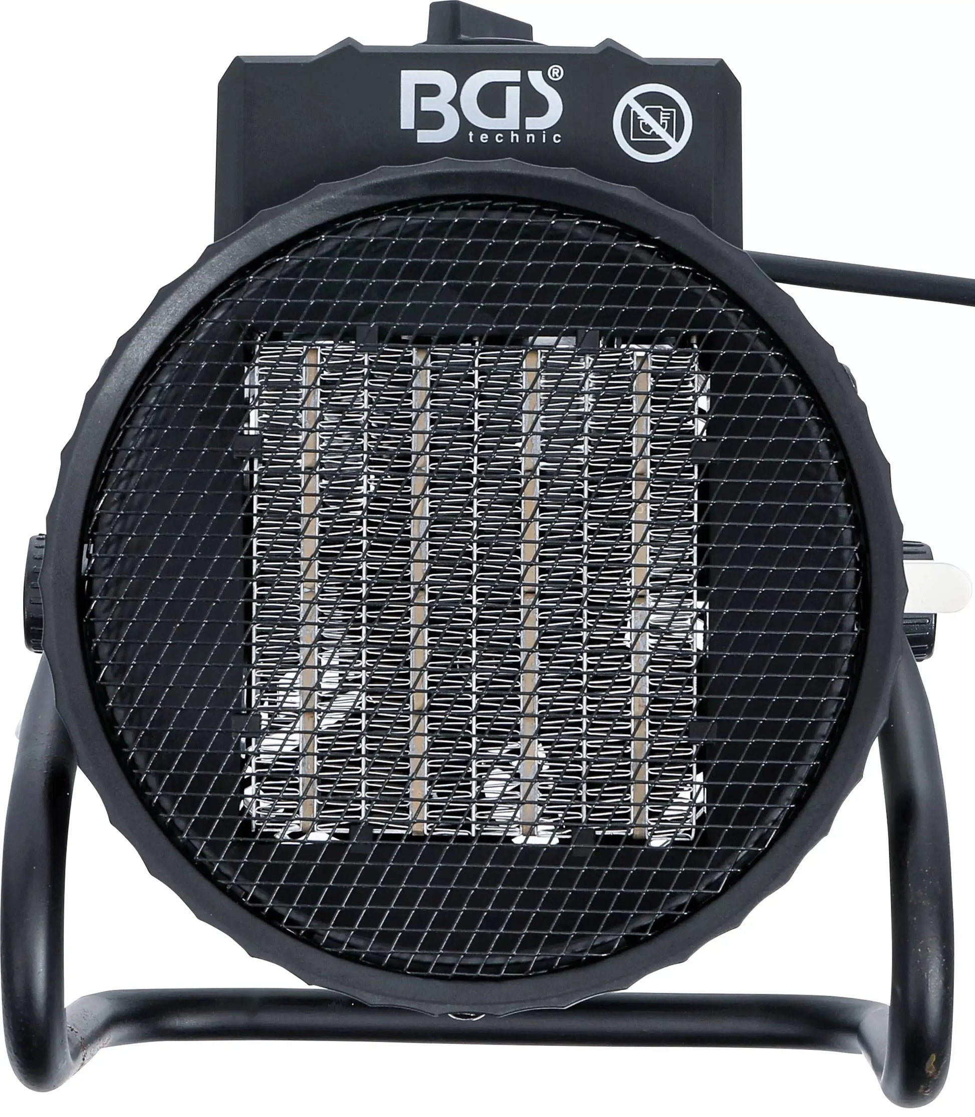 Frontansicht des Heizlüfters elektrisch 2 kW BGS mit Schutzgitter und keramischem Heizelement für schnelle Raumheizung.