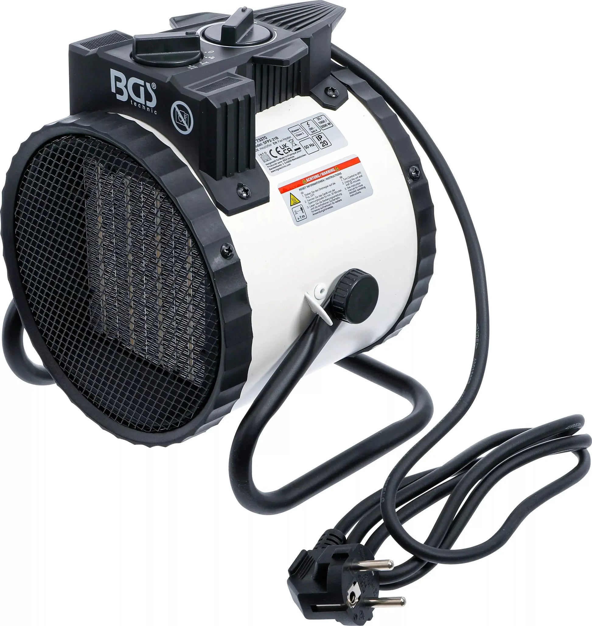 Heizlüfter elektrisch 2 kW BGS mit robustem Metallgehäuse und Tragegriff. Effiziente Wärmequelle für Werkstatt oder Haushalt.