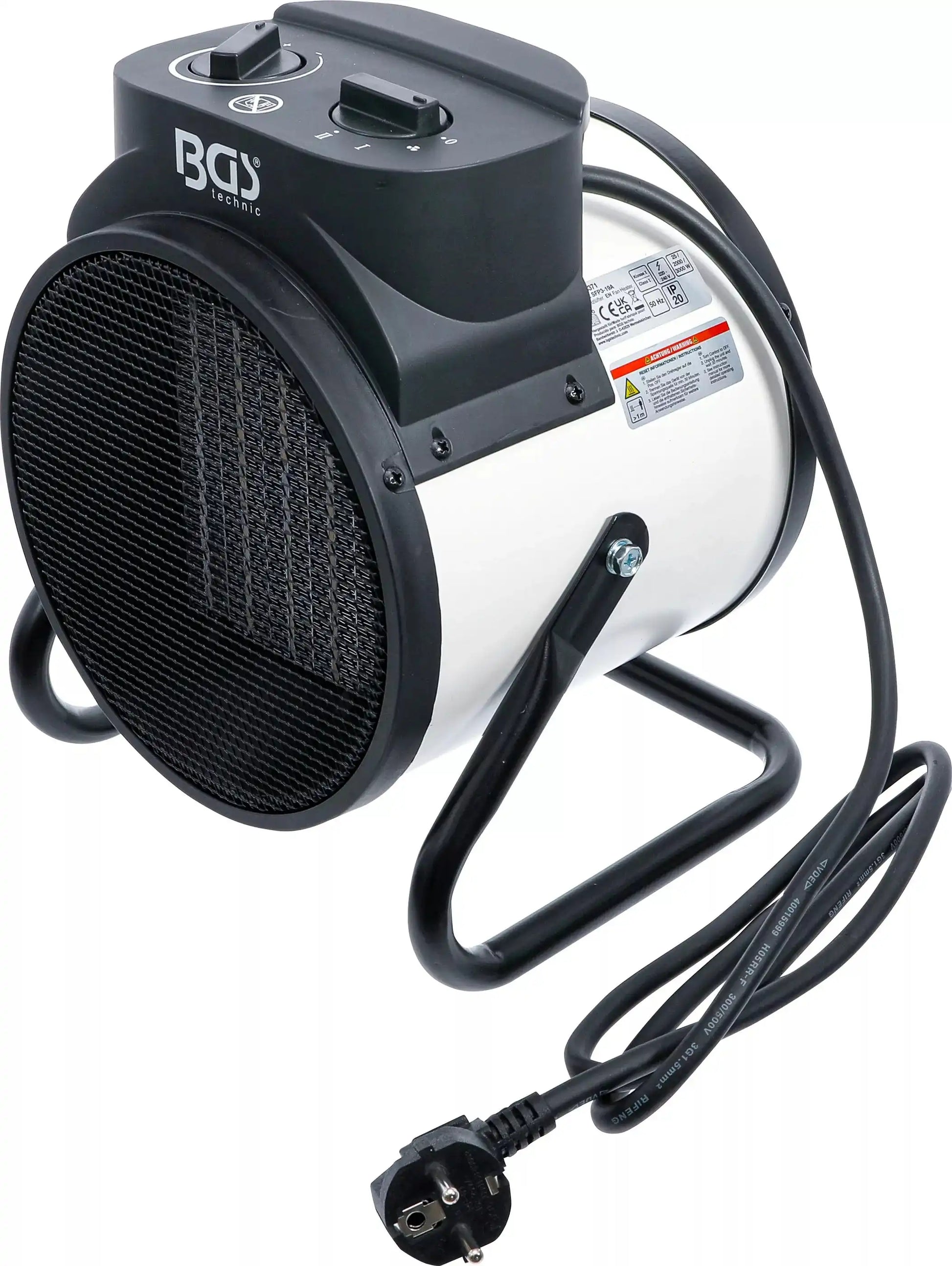 Heizlüfter elektrisch 3 kW für Garage und Haushalt mit robustem Metallgehäuse und Tragegriff. Kompakter Elektroheizer für Werkstatt oder Innenräume.