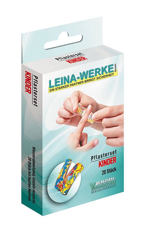 Kinderpflaster Pflasterset mit 20 bunten, wasserabweisenden Pflastern von Leina-Werke. Ideal für kleine Verletzungen und empfindliche Kinderhaut.