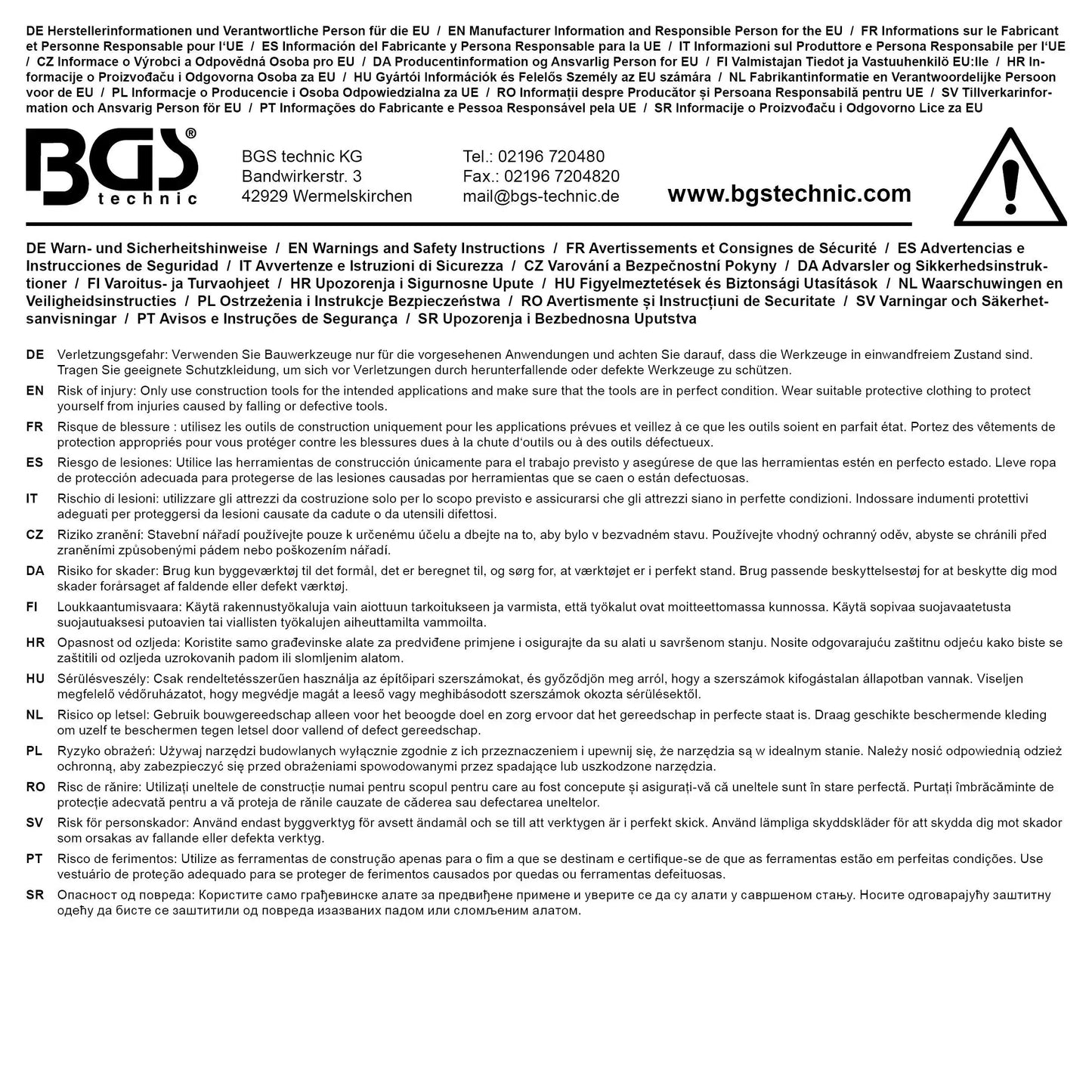 Rückseite der Verpackung der Absperrkette Rot-Weiß Kunststoff 5 m mit Herstellerangaben und Sicherheitshinweisen in mehreren Sprachen.