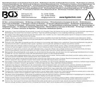 Technische Informationen und Sicherheitshinweise für die Schutzbrille mit verstellbarem Bügel transparent auf der Verpackung.